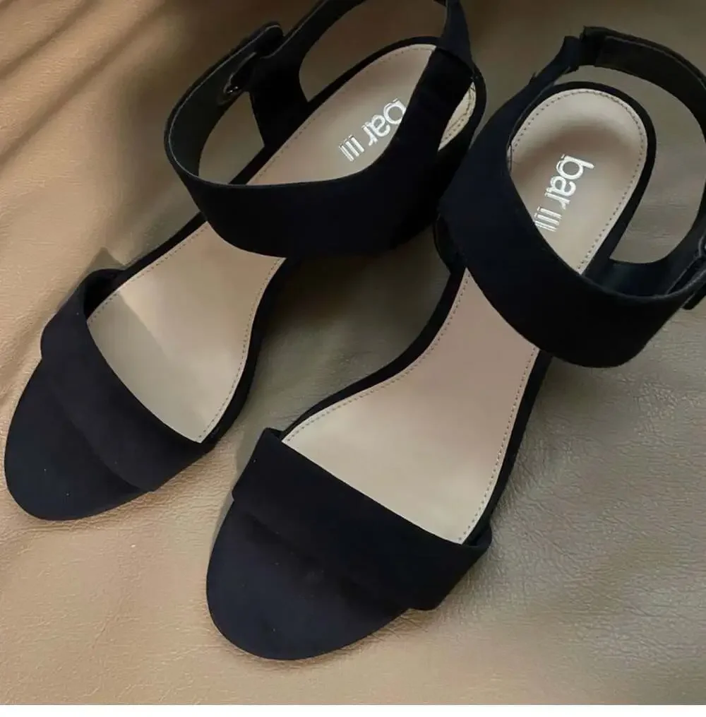 Bar III Birdie 2 Navy Blue Faux Suede Block Heel Ankle Strap Sandals